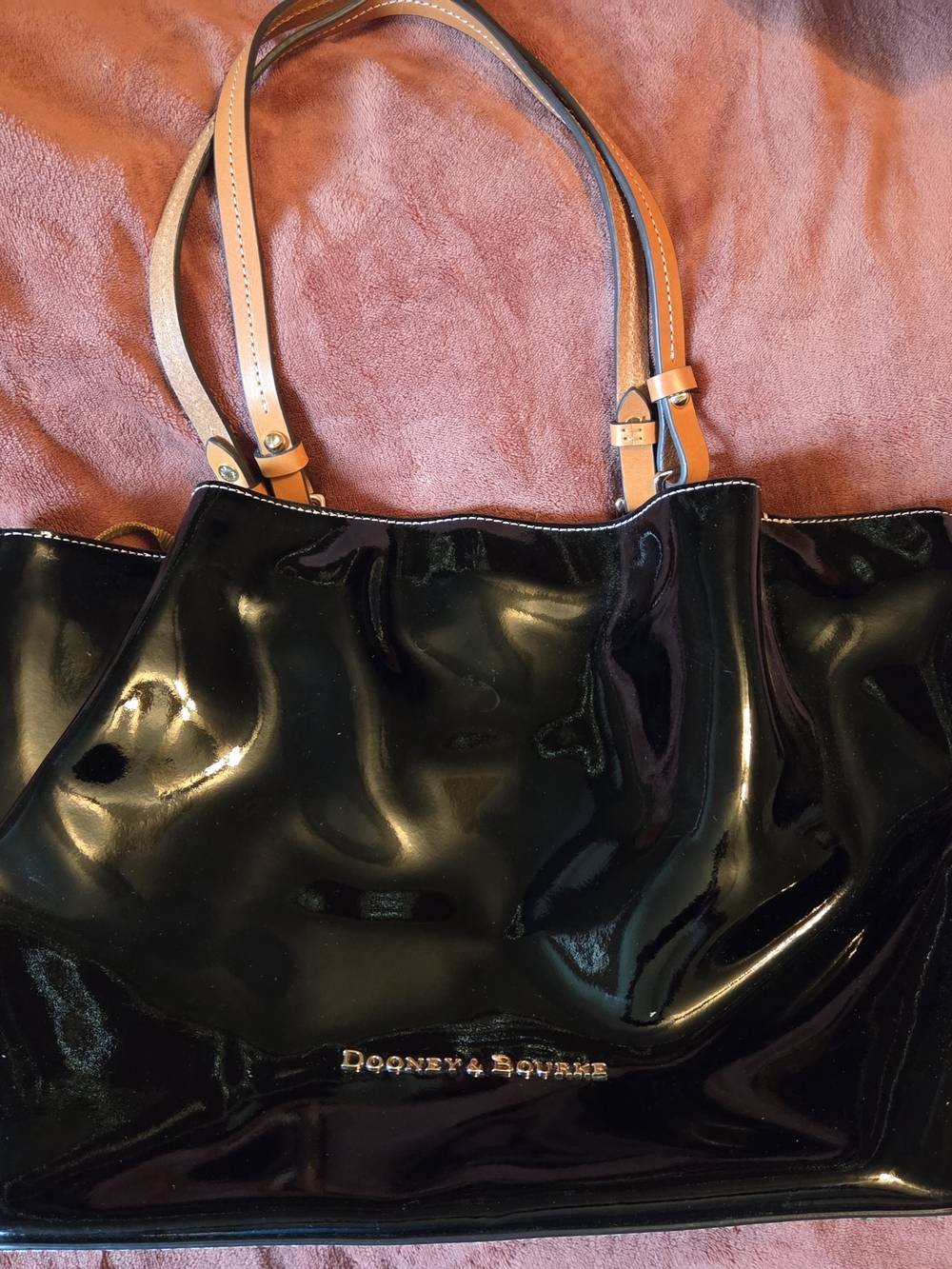 Dooney & Bourke Black Patent Leather Tote with Tan Handles